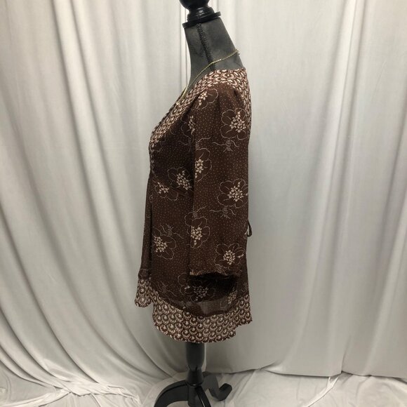 Charlotte Russe Top Womens Size Medium Brown Pink Sheer VNeck Boho Peasant Shirt - Picture 3 of 6